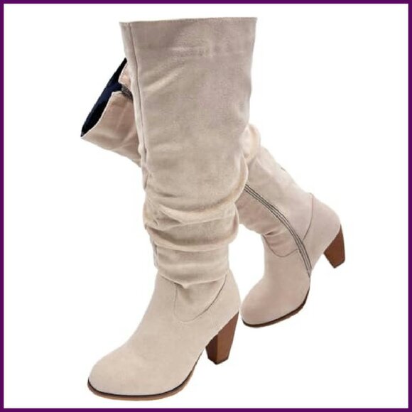 Extra Wide Calf Knee High Boots, Chunky Heel Pointed Toe Side Zipper - Picture 2 of 8